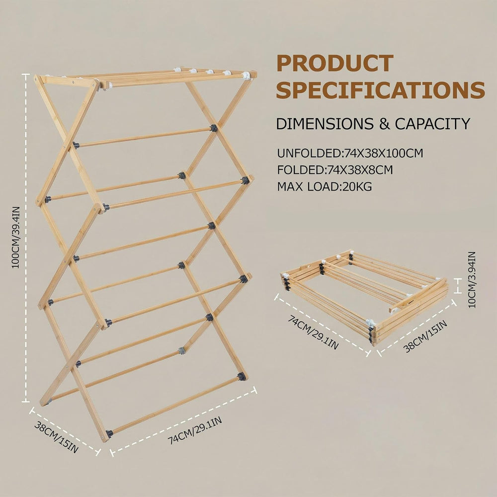 Bamboo Clothes Drying Rack, 3-Tier Tall Laundry Drying Rack