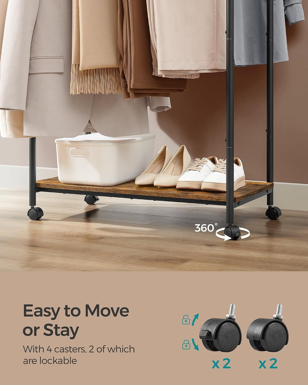 SONGMICS Clothes Rack with Wheels, Steel Garment Rack with Shelf