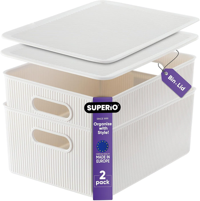 Superio Ribbed Collection - Decorative Plastic Basket Lidded Home Storage Bins Organizer, Large White Smoke (2 Pack - 15 Liter) Stackable Container Box, for Organizing Closet Storage Bins for Shelves