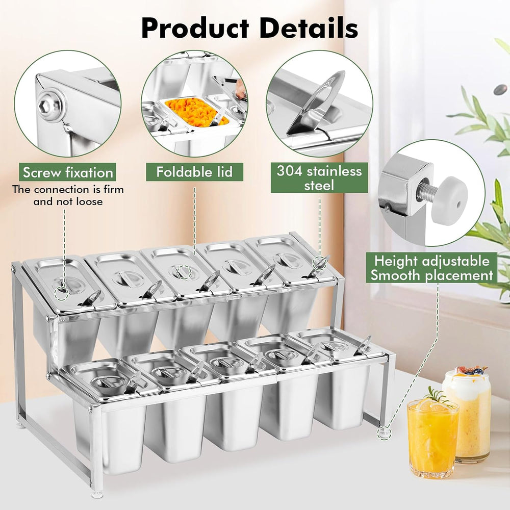 Expandable Spice Rack Organizer, Stainless Steel with 10 Buckets & Lids