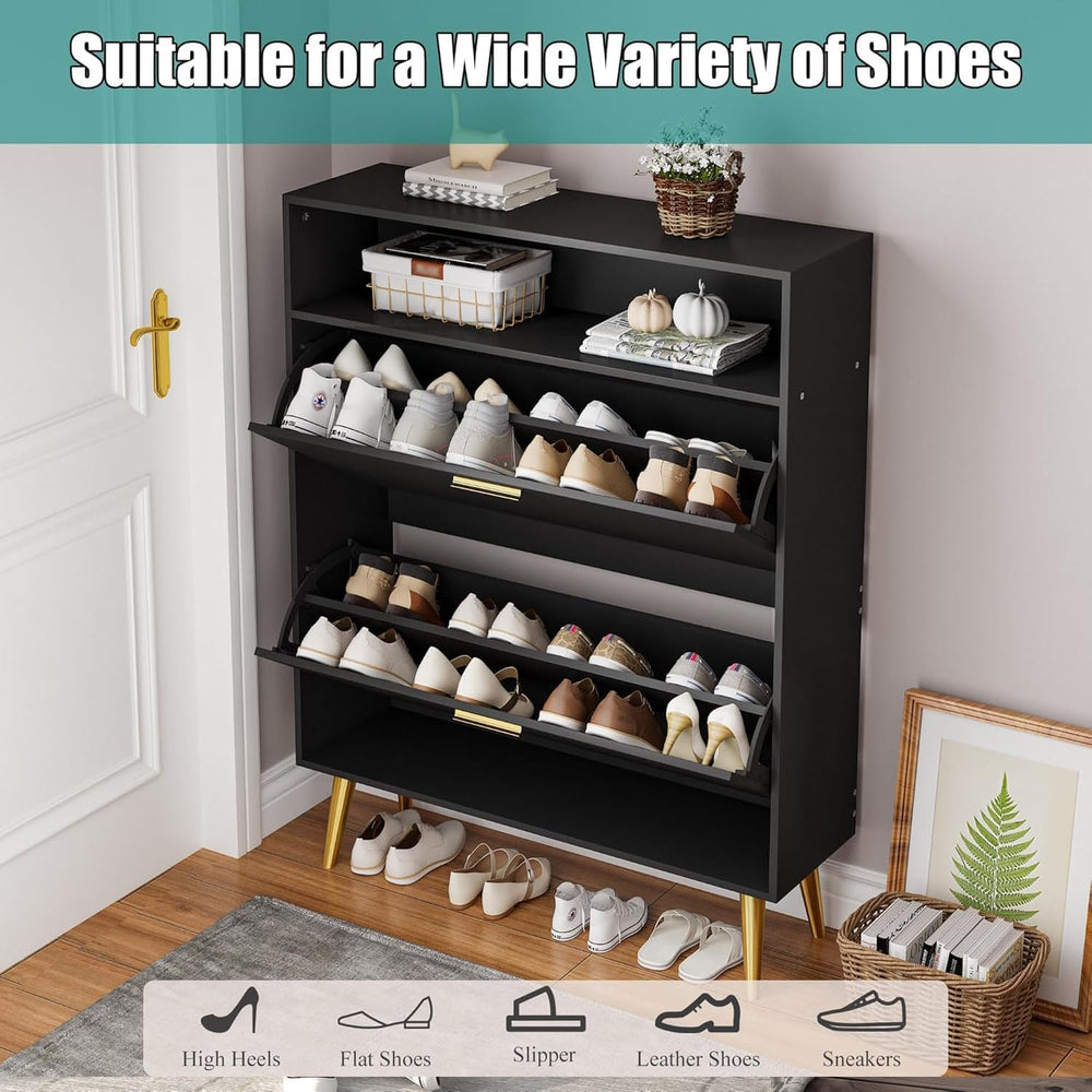 JOZZBY Shoe Storage Cabinet with 2 Flip Drawers and Open Shelves, Black丨Hidde...
