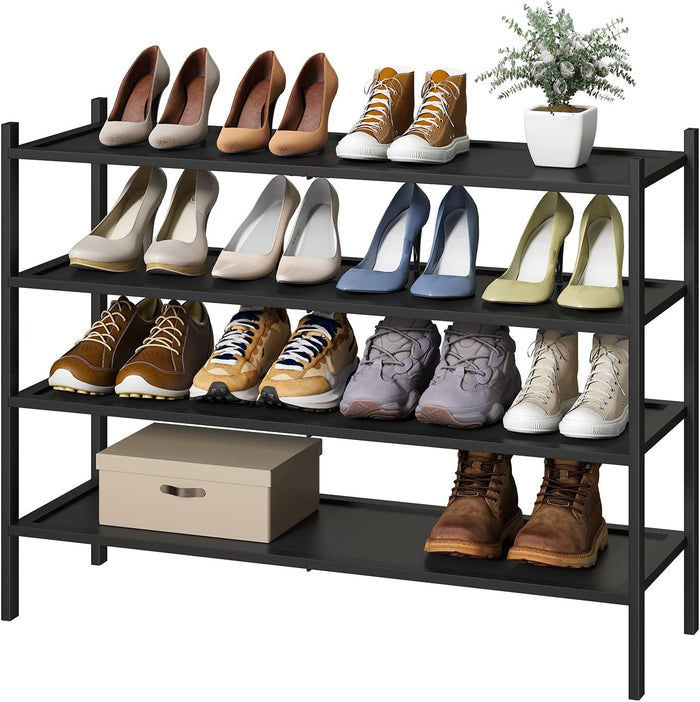kiplant Black Shoe Rack, 4-Tier Bamboo Wood Shoe Rack, Stackable Bamboo Wood Shoe Shelf for Closet, Entryway & Hallway