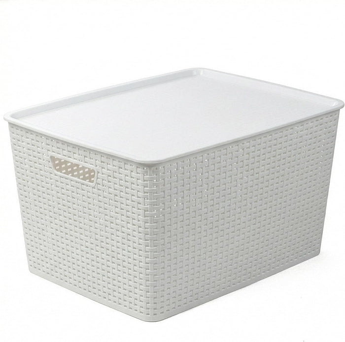 BINO | Plastic Storage Baskets with Lids, 45 Liter - 3 Pack, White | THE WOVEN COLLECTION | Storage Basket for Shelves | Woven Storage Baskets for Organizing Bins Pantry Shelf Organizer Container Bin