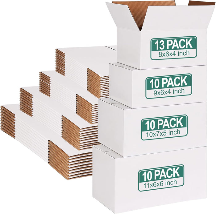 MAPVOLUT 43-Piece Assorted Sizes Small Shipping Boxes - White Corrugated Mailing Boxes for Small Business, Packaging, and Gift Shipping - Includes 4 Sizes (8x6x4, 9x6x4, 10x7x5, 11x6x6)