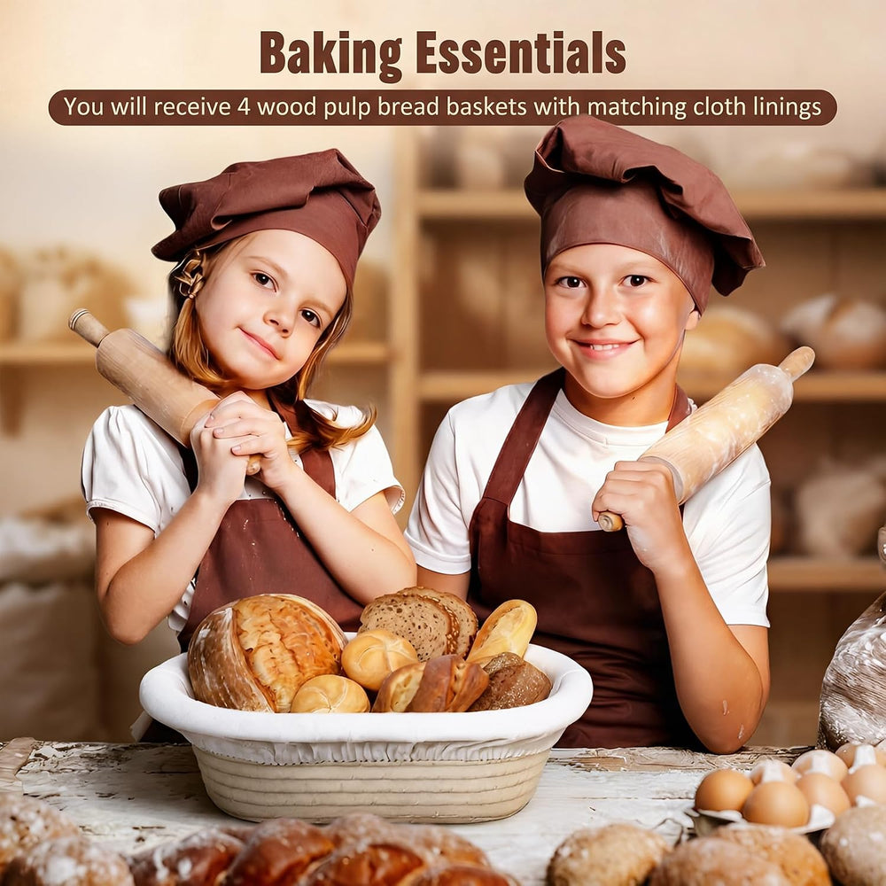 4 Pack Banneton Bread Proofing Basket Wood Pulp, Beige, Oval