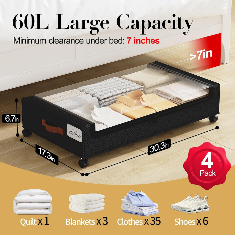 Yecaye 60L Under Bed Storage with Wheels, 4 Pack, Black