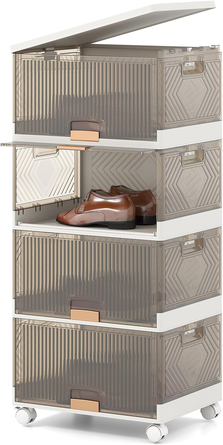 Giantex 4 Tier Stackable Storage Bins with Lids, 18 GalFoldable Shoe Storage ...