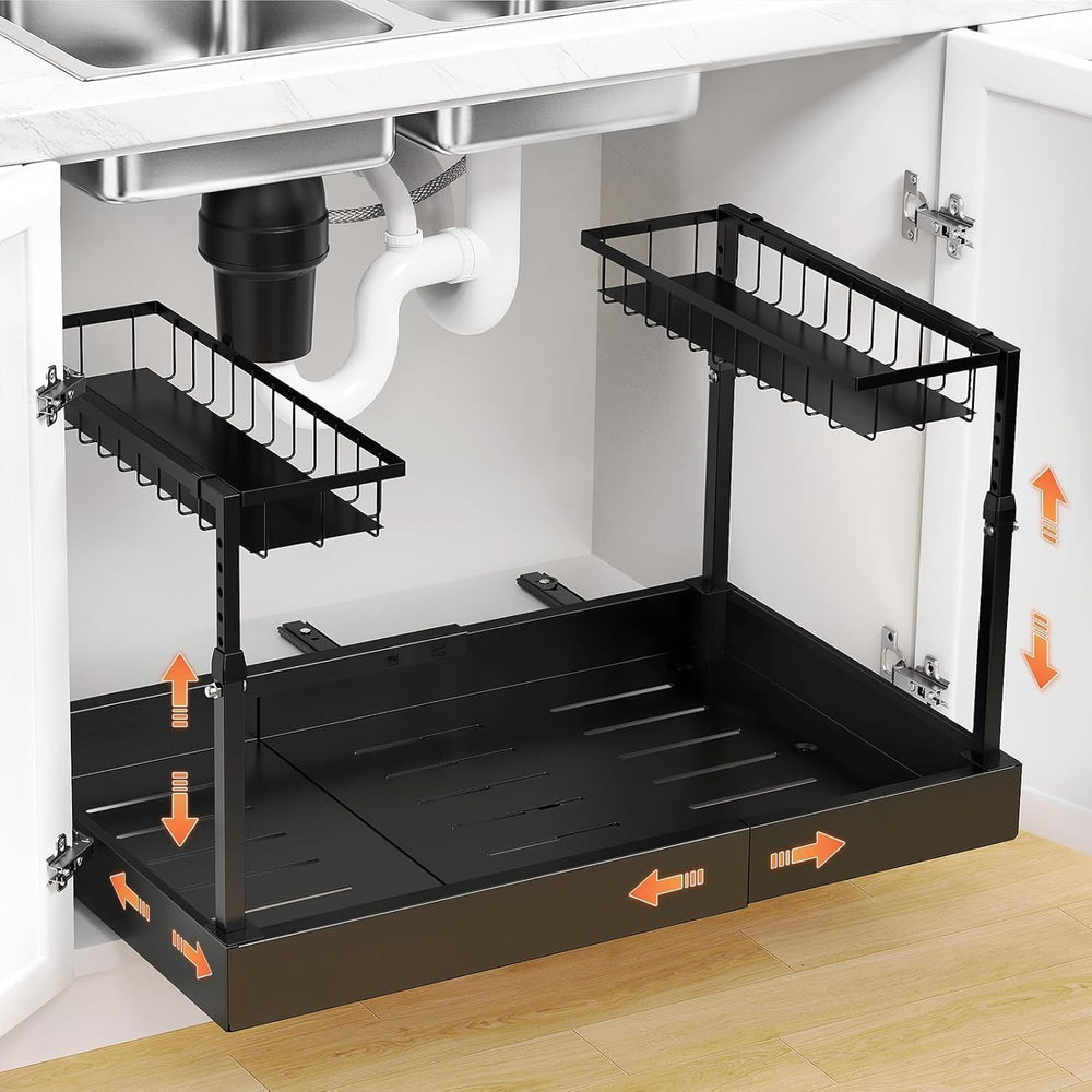 Under Sink Organizer, 2-Tier Slide Out kitchen Storage Metal Shelf, Black