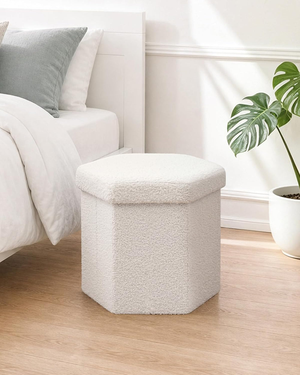 B FSOBEIIALEO Storage Ottoman,15" Hexagonal Teddy Pouf Ottomans,Cream White