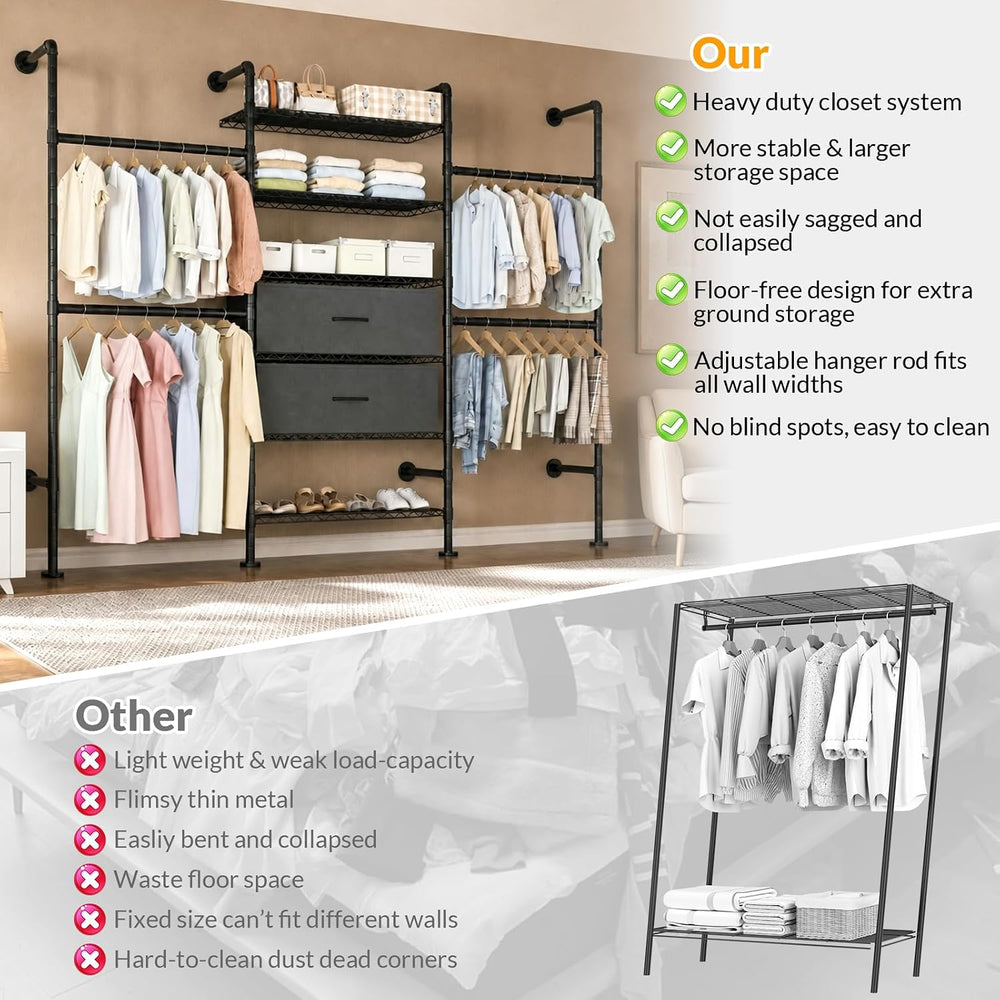 Wall Mounted Clothes Rack with 2 Drawers, 3 Row Expandable Closet