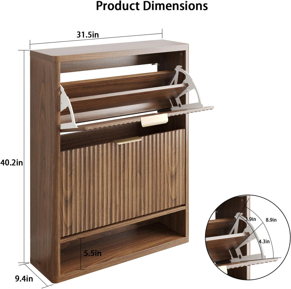 Fluted Shoe Cabinet Storage with 2 Flip Drawers, Narrow Shoe Storage Organize...