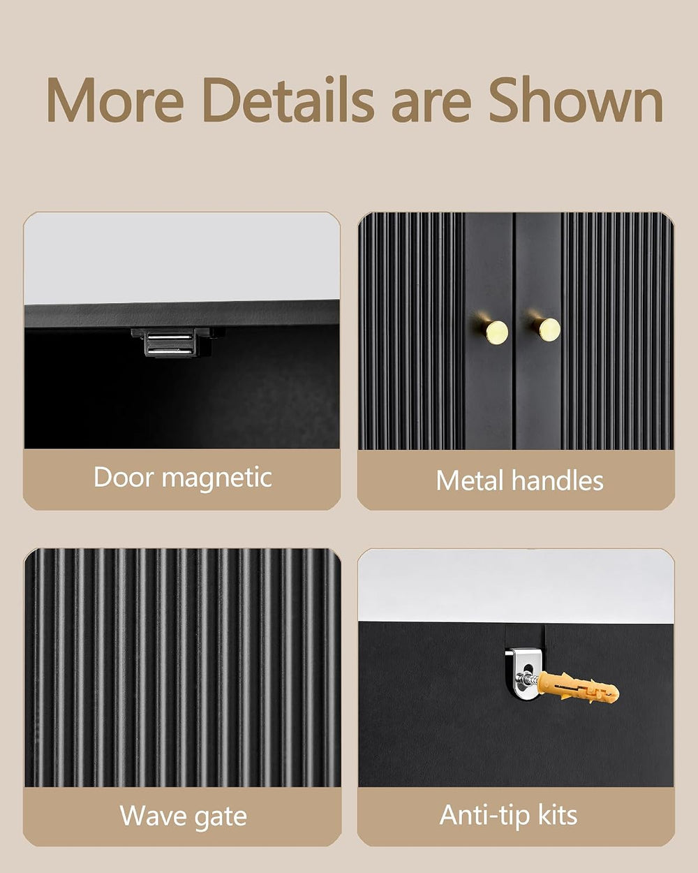 Over the Toilet Storage Cabinet, 2 Fluted Doors, Adjustable Shelf, Black