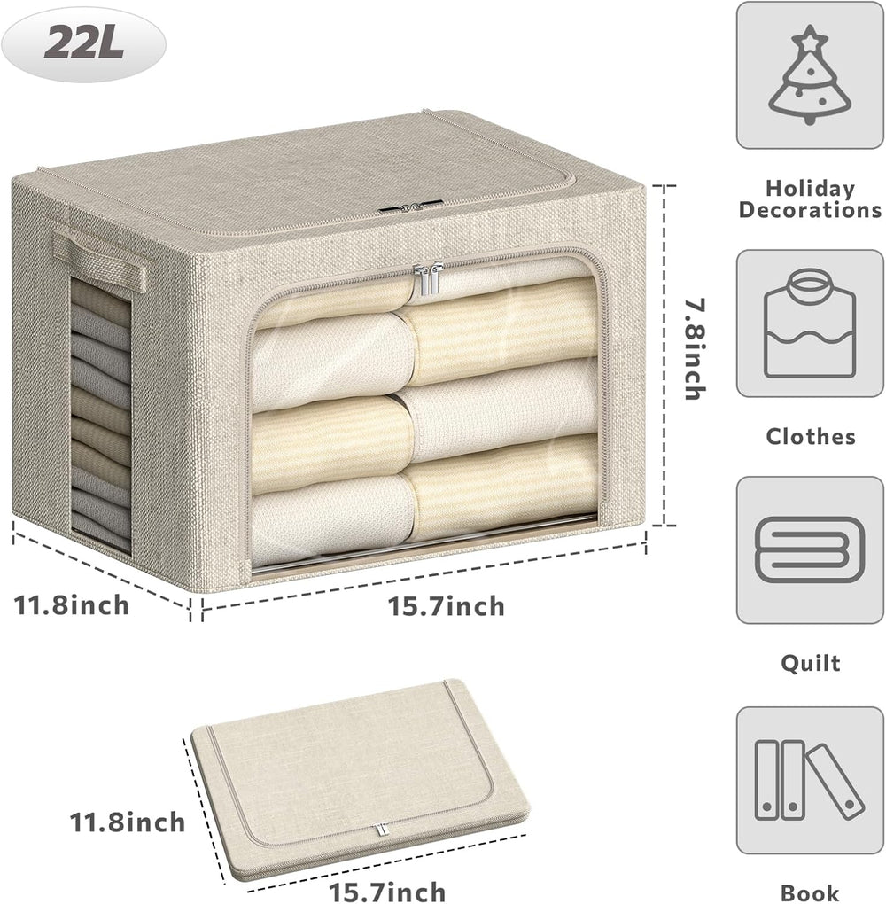 4 Pack Clothes Storage Bins with Metal Frame - 22L Stackable Storage Box with...