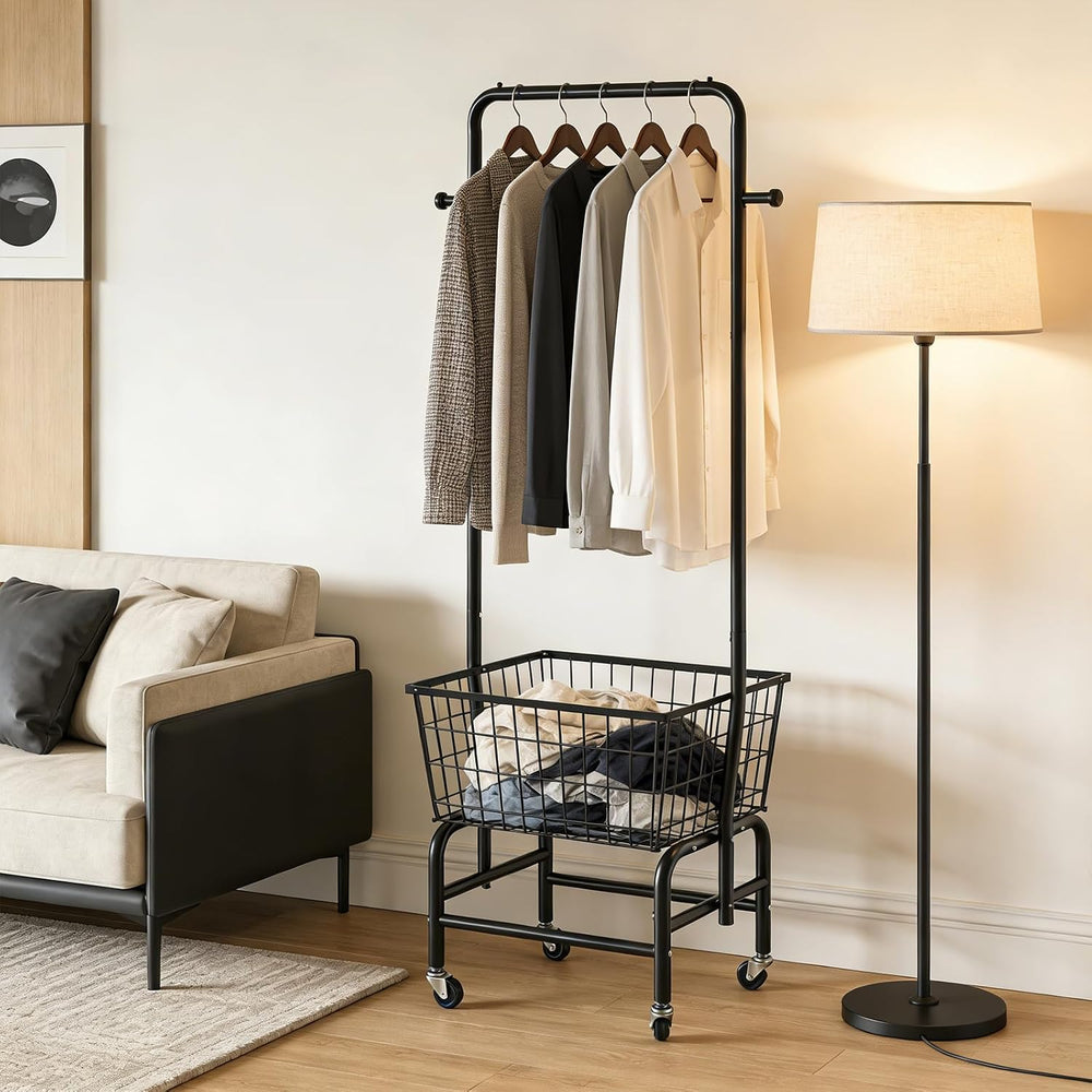 Rolling Laundry Cart with Hanging Rack Metal Laundry Basket with Wheels Laund...