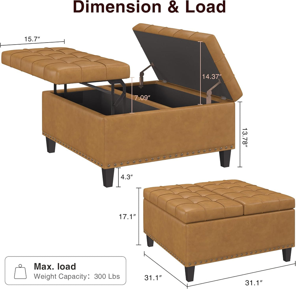 FiveWillowise 31.5 Inch Large Square Ottoman with Storage,Faux Leather