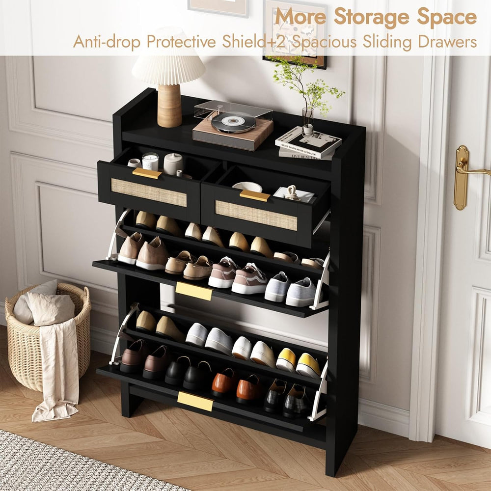 HOKYHOKY Rattan Shoe Storage Cabinet with 2 Drawers & 2 Flip Drawers