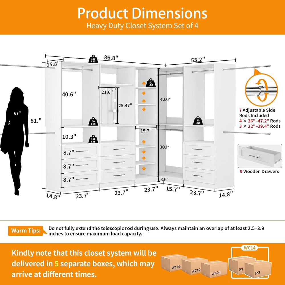 Closet System with 9 Wood Drawers, Corner Closet System with LED Mirror, Walk...