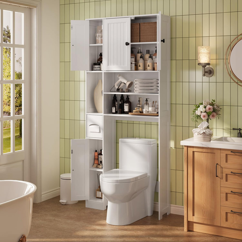 Ahomly Over The Toilet Storage Cabinet, with Five Doors, White