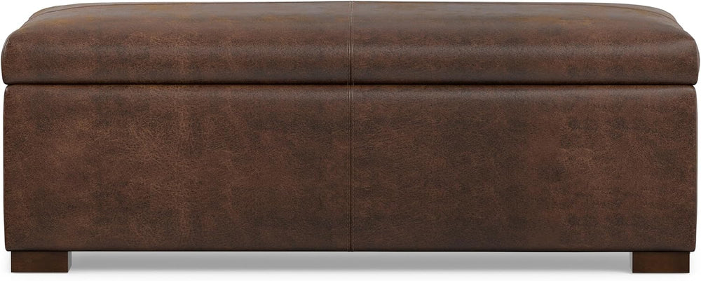 SIMPLIHOME Gabbie 48" Wide Vegan Leather Storage Ottoman in Chestnut Brown