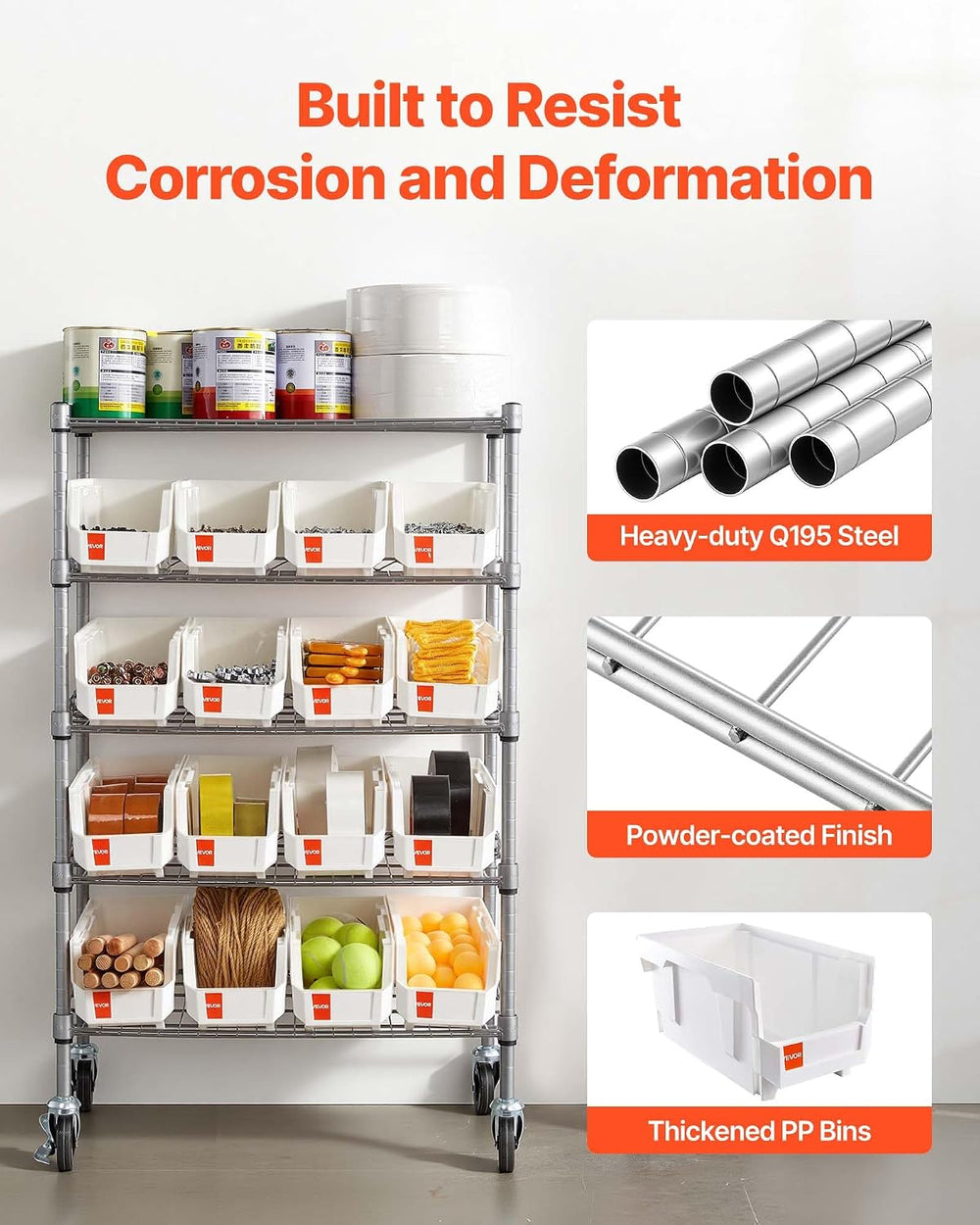 VEVOR 5-Tier Rolling Bin Storage Rack, 16 Organizer Bins, Bin Rack Storage St...