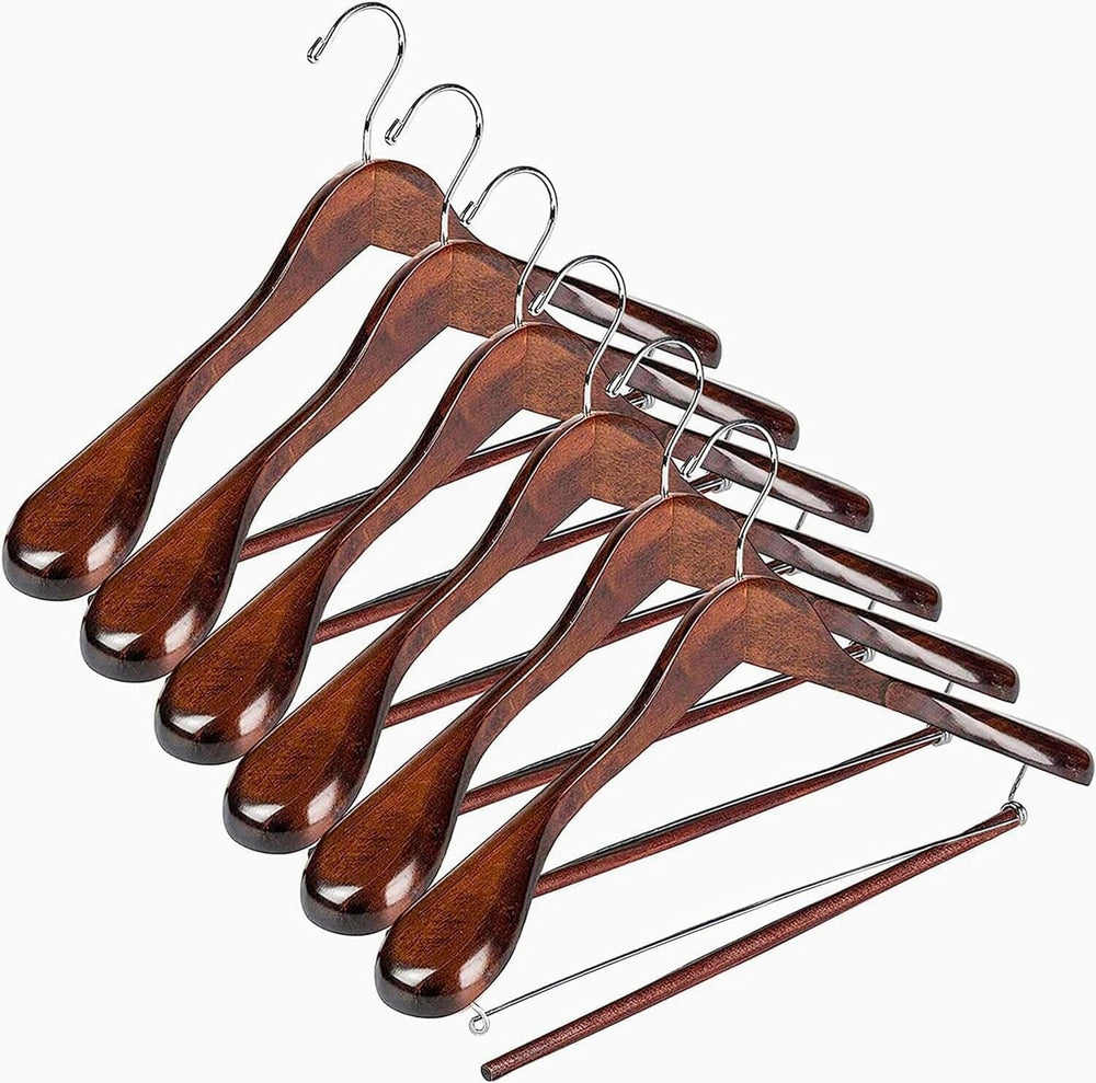 Wide Shoulder Wooden Suit Hangers with Non-Slip Pants Bar & 360° Swivel H...