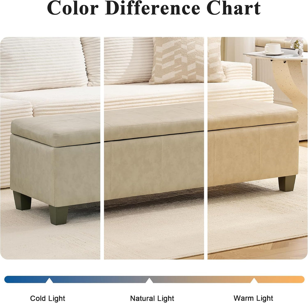 51 Inch Storage Ottoman, Storage Bench with Safety Hinge, Upholstered Synthet...