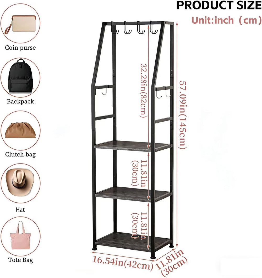 Hall Tree with Hanging Hooks,Heavy-Duty Metal Coat Rack with Shoe Shelves,3-T...