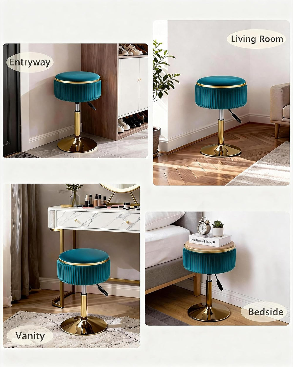 LITZFUR Adjustable Vanity Stool, Swivel Vanity Chair with Storage, Blue