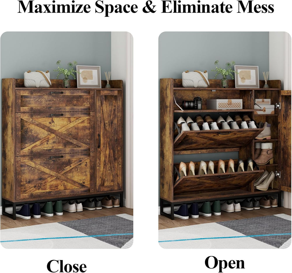 Loomie Farmhouse Flip Drawer Shoe Cabinet, Shoe Organizer with Side Cabinet