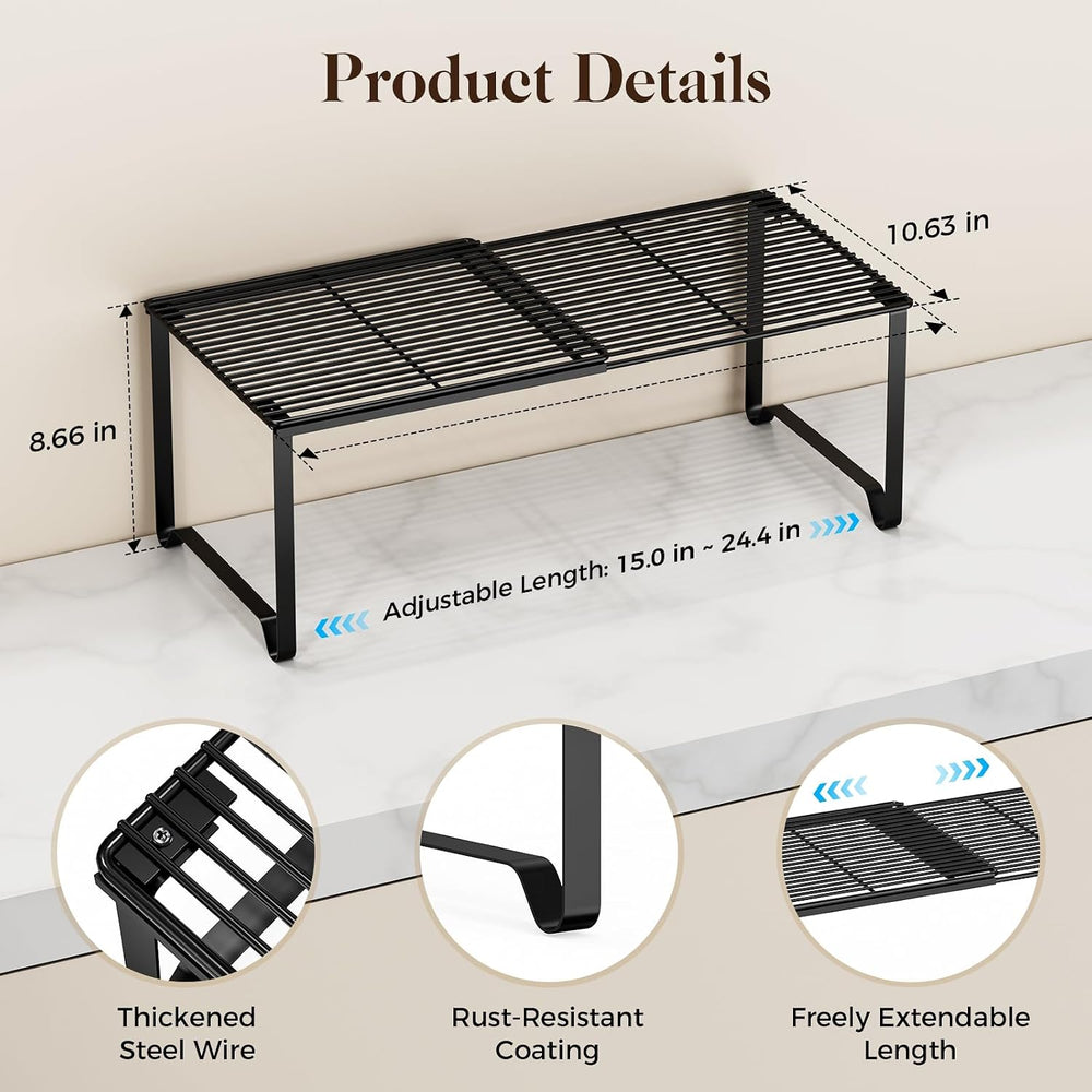 Extendable Metal Wire Shelf Organizer - Adjustable 15-24.4in Length, Stackabl...