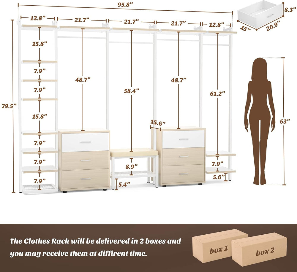 Aheaplus Closet System with 6 Drawers, 8FT Wood & Metal Closet Organizer
