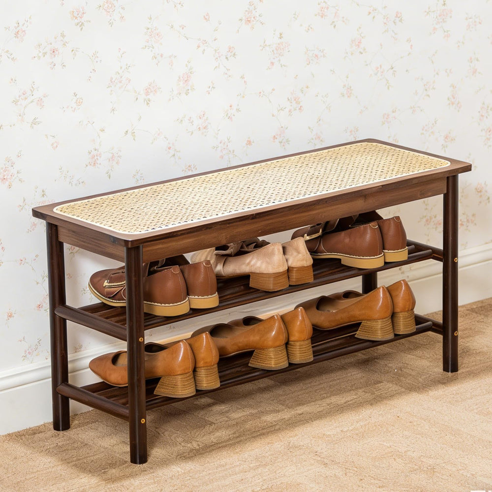 latifolia Shoe Rack Bench, 3-Tier Bamboo Shoe Bench with Breathable Rattan Se...