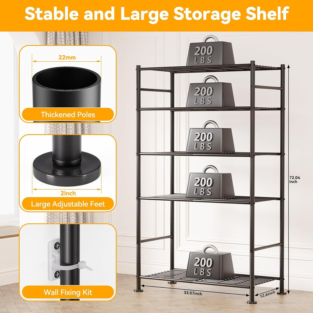 5 Tier Shelf Organizer Rack, Metal Shelving Unit with Adjustable Leveling Fee...