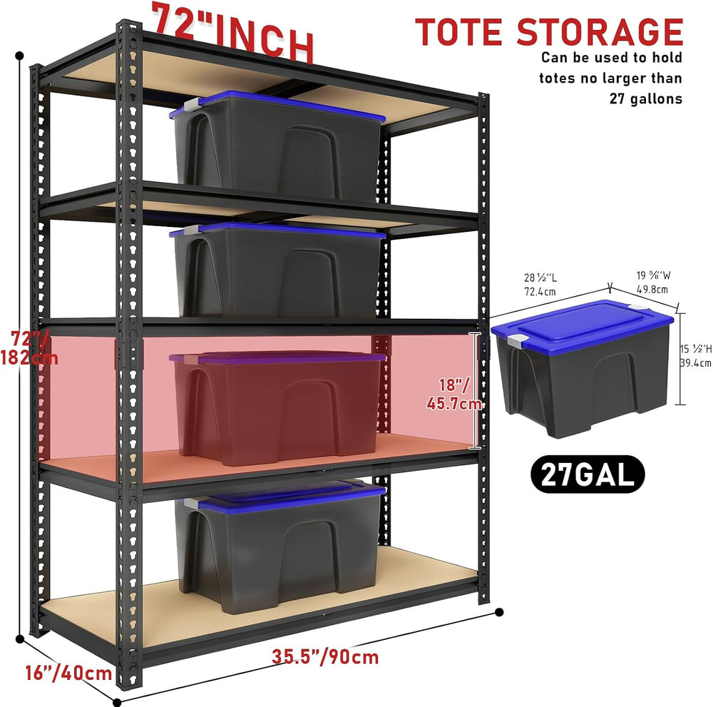 72" H Heavy Duty Garage Shelving, 2400LBS Capacity 5-Tier Storage Shelve...