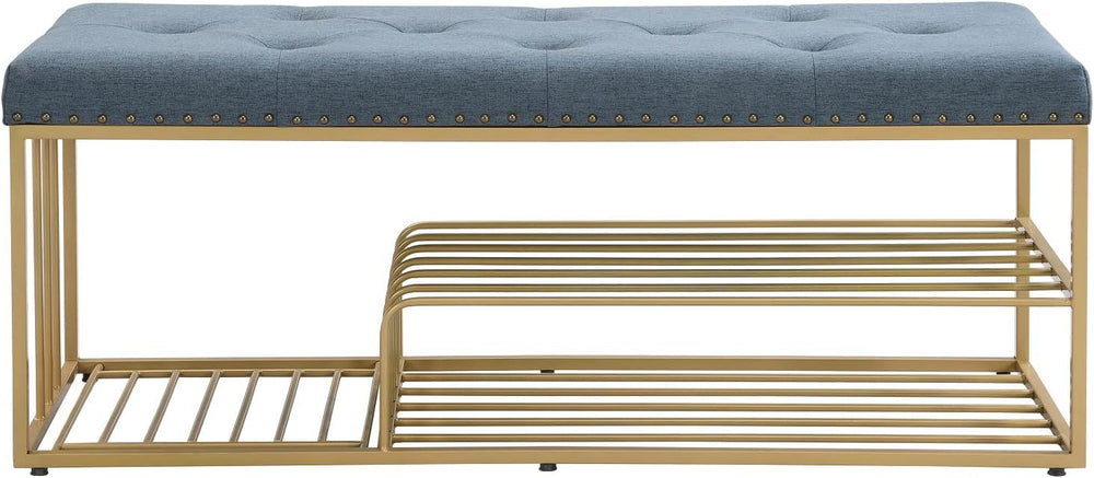 Upholstered Shoe Storage Bench-Nailhead Trim Linen Ottoman Bench with Shoes R...