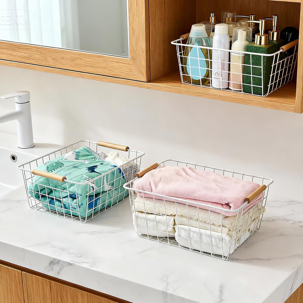 LeleCAT White Wire Baskets for Organizing with Handles，Pantry Organizers and ...