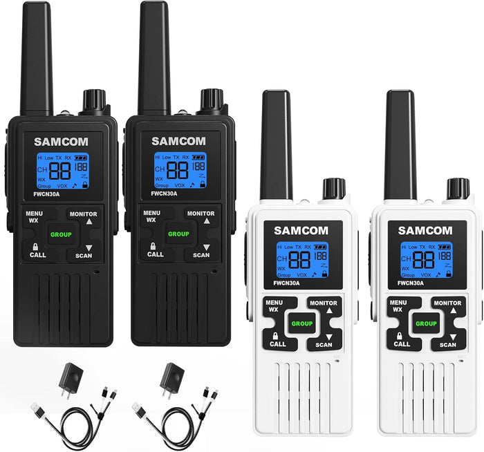 4 Long Range Walkie Talkies Rechargeable for Adults SAMCOM NOAA 2 Way Radios Walkie Talkies- FRS Two Way Radios with Earpiece Group Call Flashlight VOX SCAN NOAA Weather Alert and USB Charger Battery