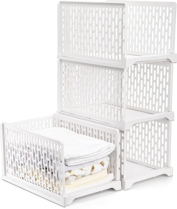 AVLA 4 Pack 38" Stackable Plastic Storage Basket, Plastic Foldable Closet Organizer Storage Bins, Wardrobe Storage Box Clothes Drawer Shelf Container for Cupboard Bedroom Dorm Bathroom Kitchen Office