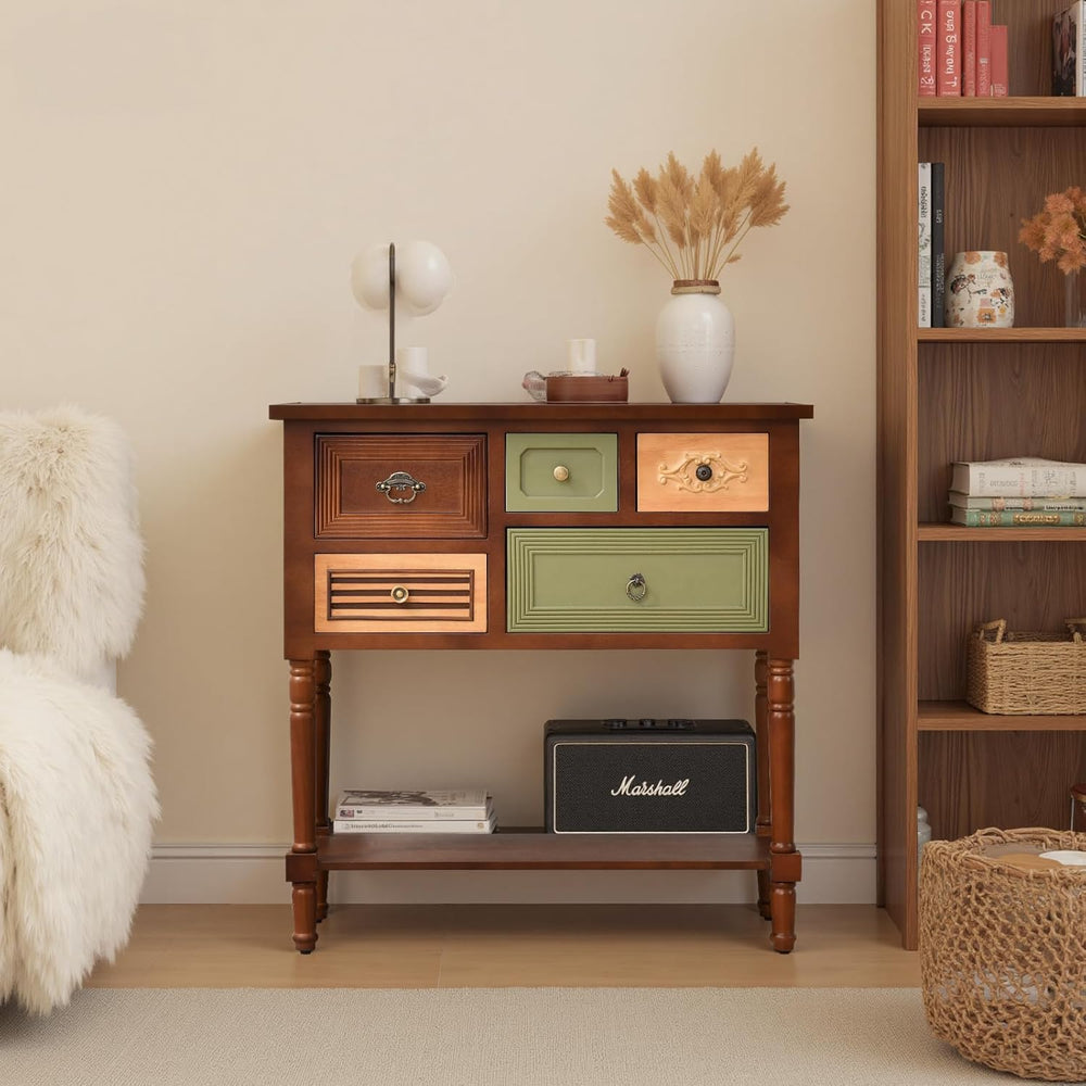 Ahokua Vintage Accent Cabinet with 5 Drawers and Open Shelf, Multi-Tone Conso...