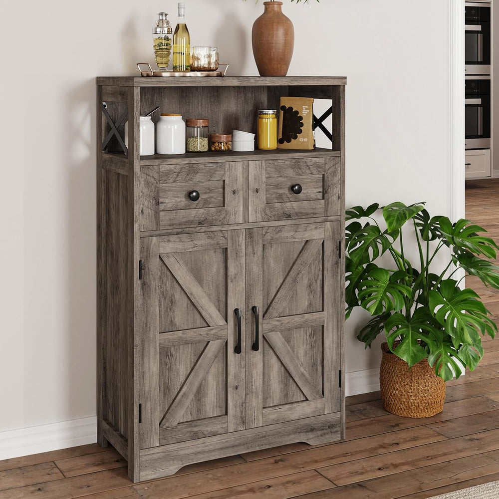 Grey Farmhouse Storage Cabinet with Doors and Drawers, Small Pantry Cabinet