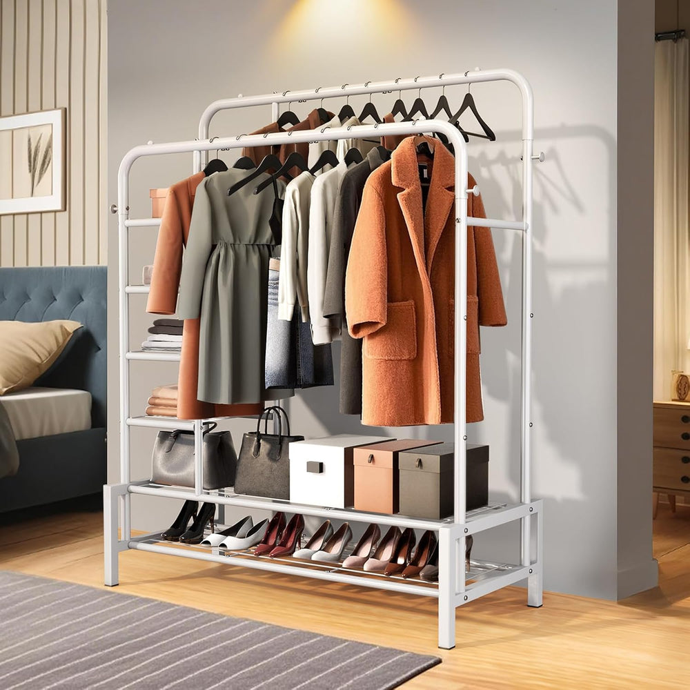 Clothes Rack with Shelves, Double Rods Clothing Rack for Bedroom, White