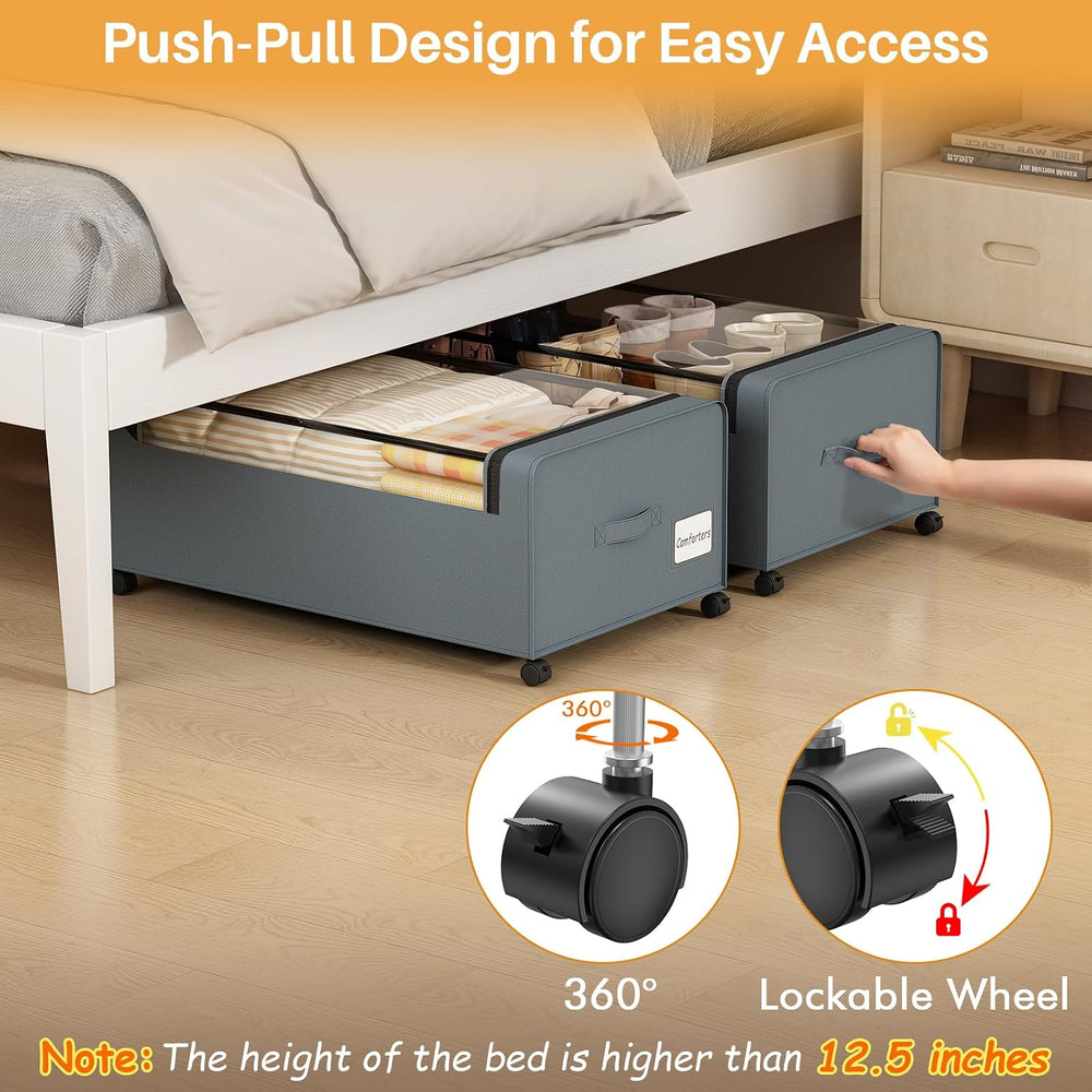 Webetop 2-Pack Under Bed Storage Bins with Wheels, 12 Inch, Clear Lid, Grey