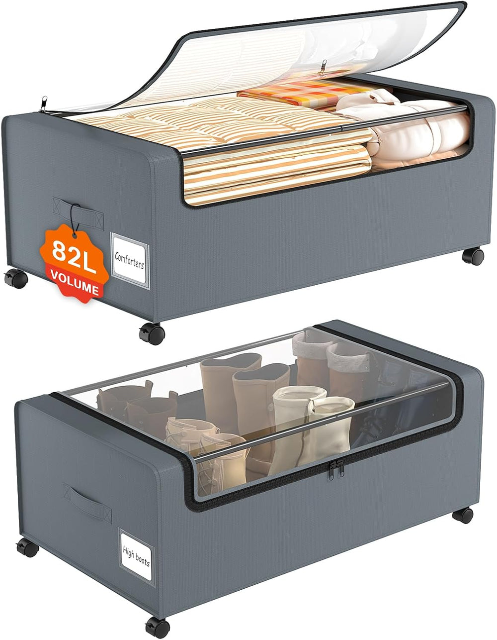 Webetop 2-Pack Under Bed Storage Bins with Wheels, 12 Inch, Clear Lid, Grey