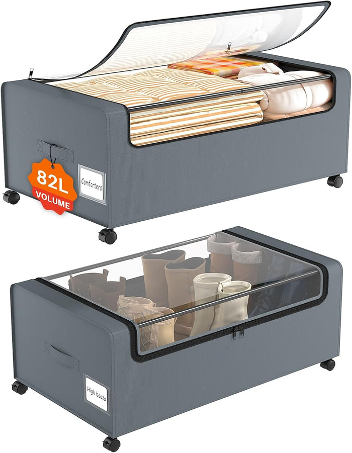Webetop 2-Pack Under Bed Storage Bins with Wheels, 12 Inch, Clear Lid, Grey