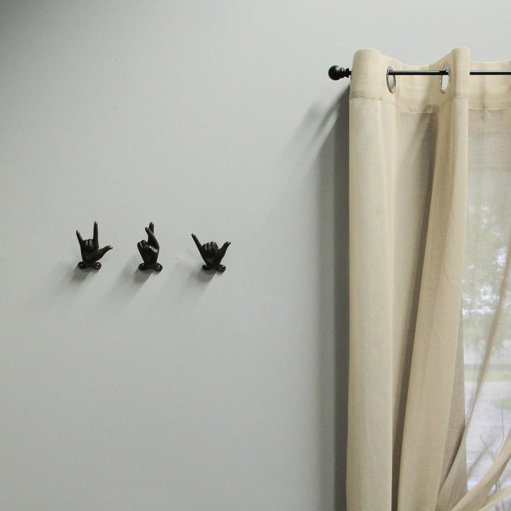 Zeckos Set of 3 Hand Gesture Wall Hooks, Brown Distressed Cast Iron, 4 Inch