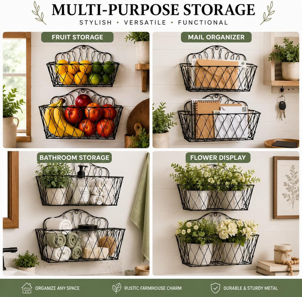 Farmhouse Hanging Wall Storage Baskets Set of 2, Metal Wire Wall-Mounted Bask...