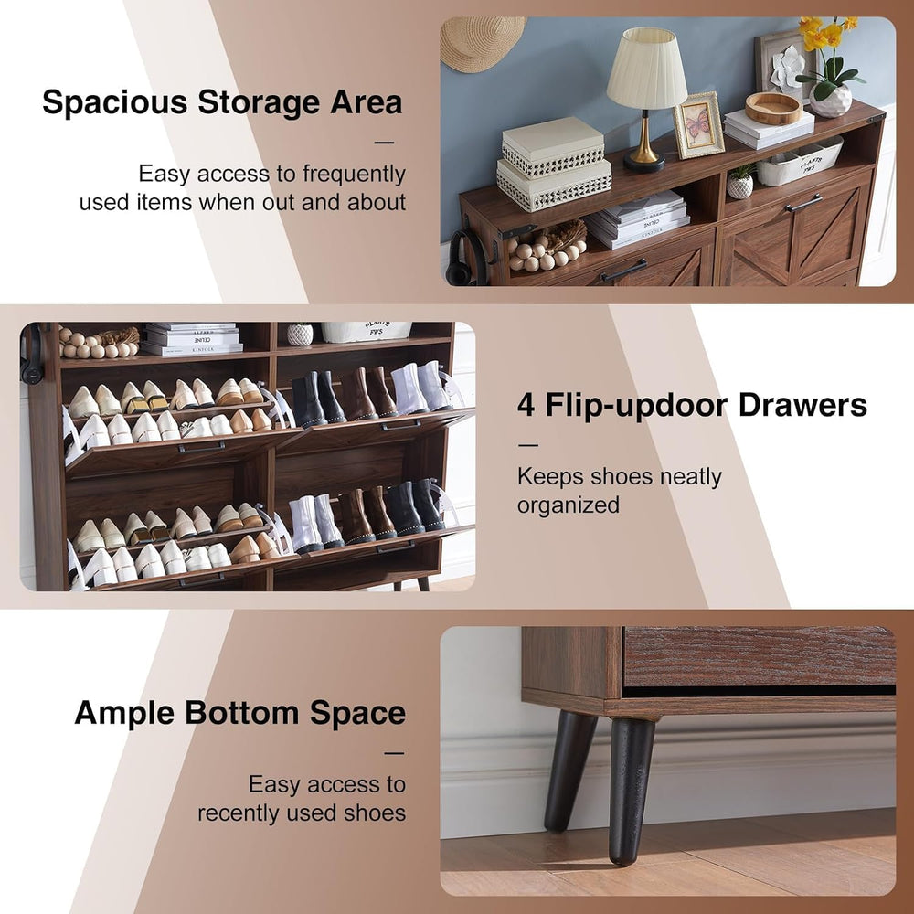 Barnyatoh Farmhouse Shoe Storage Cabinet with 4 Flip Drawers & Open Storage