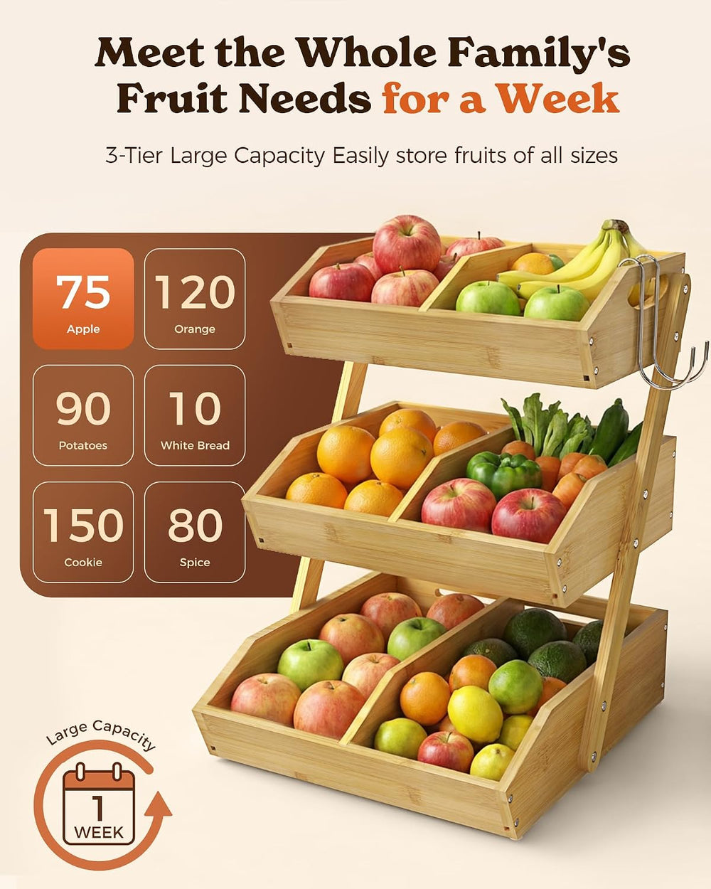 3-Tier Bamboo Fruit Basket with 2 Banana Holders