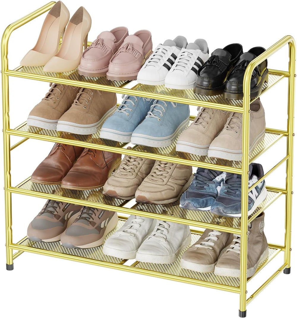 Modern Shoe Rack, 4 Tier Heavy Duty Metal Mesh Shoe Shelf 27 Inch Wide, Gold
