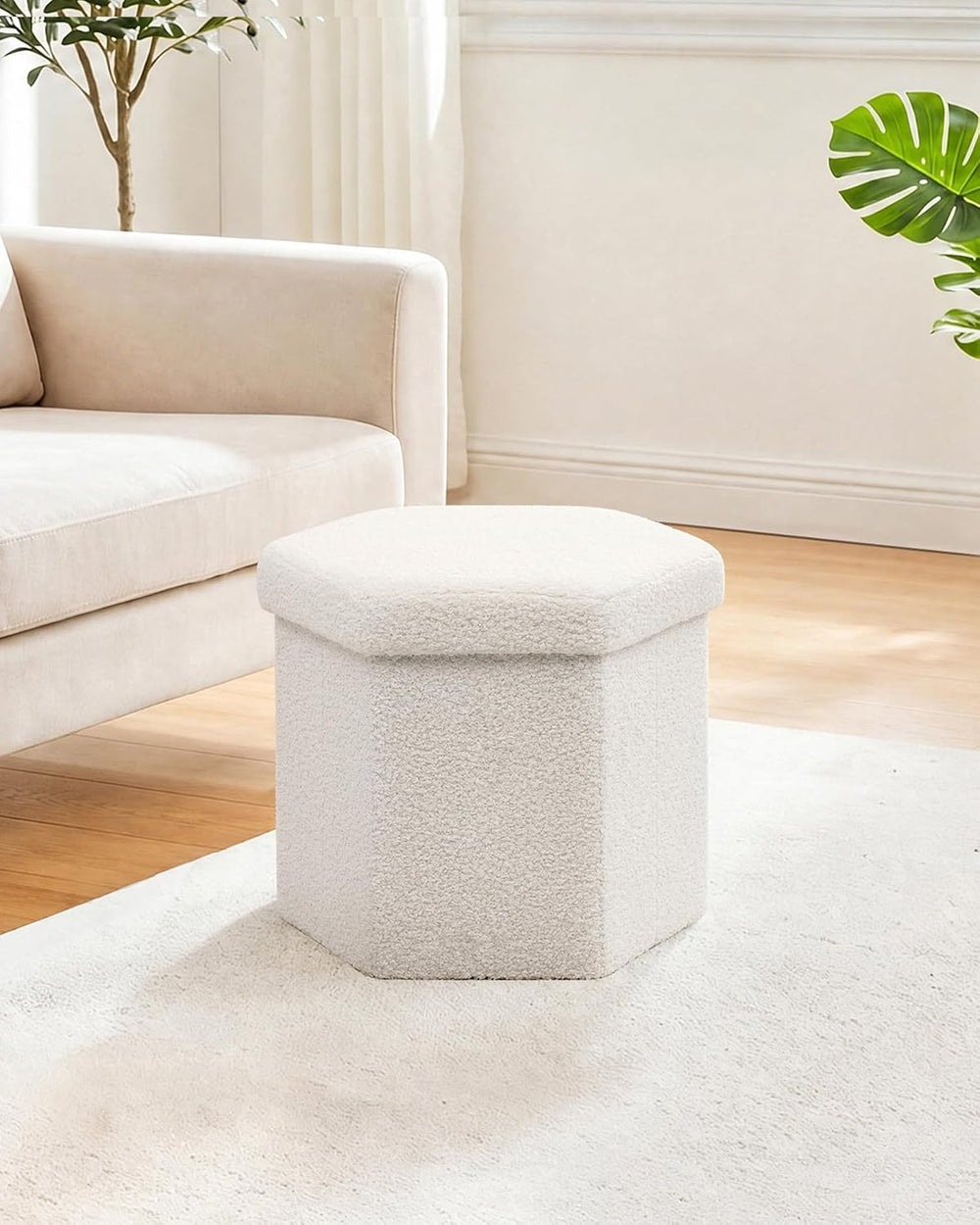 B FSOBEIIALEO Storage Ottoman,15" Hexagonal Teddy Pouf Ottomans,Cream White